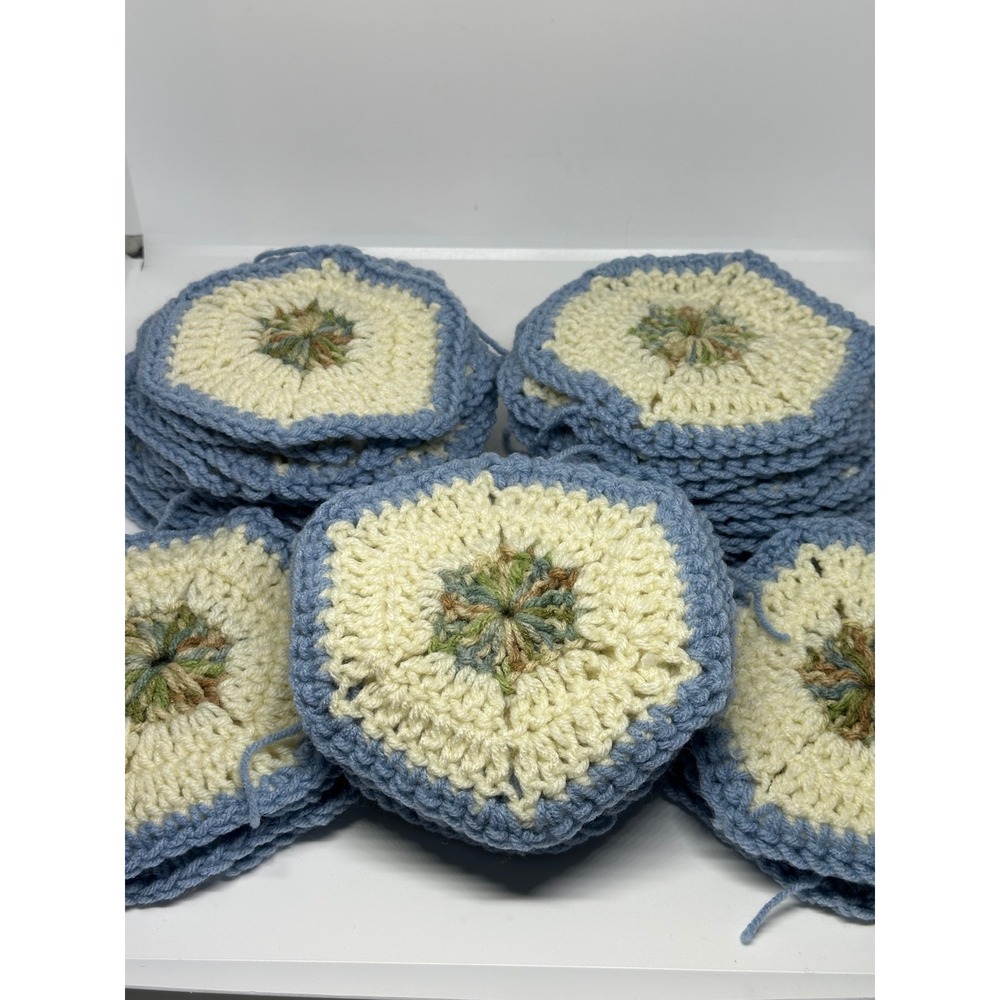 Handmade Crochet Hexagon Granny Squares Lot Blue Cream Excellent Craft Motifs - Picture 5 of 6
